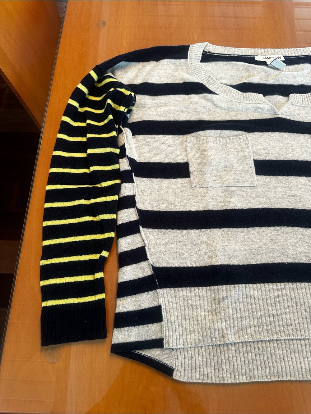 Jamison Women’s Crewneck Sweater in Black, Gray & Yellow Stripe